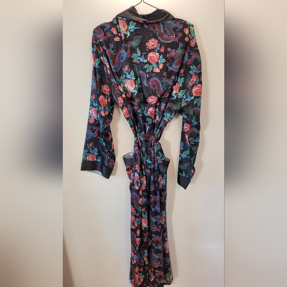 Alexander Del Rossa Black Satin Robe Dragon Floral Print - Size M